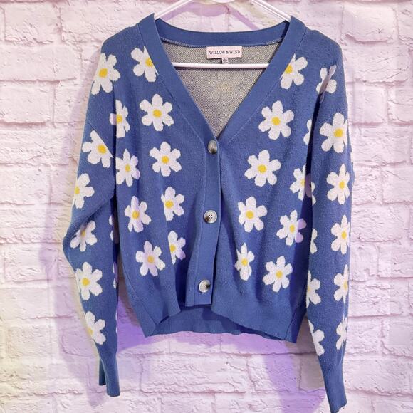 Cute Willow & Wind light blue cardigan with Daisies SZ L - Picture 1 of 5